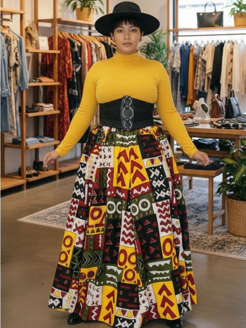 Bold African Print Maxi Skirt in Yellow, Red & Green